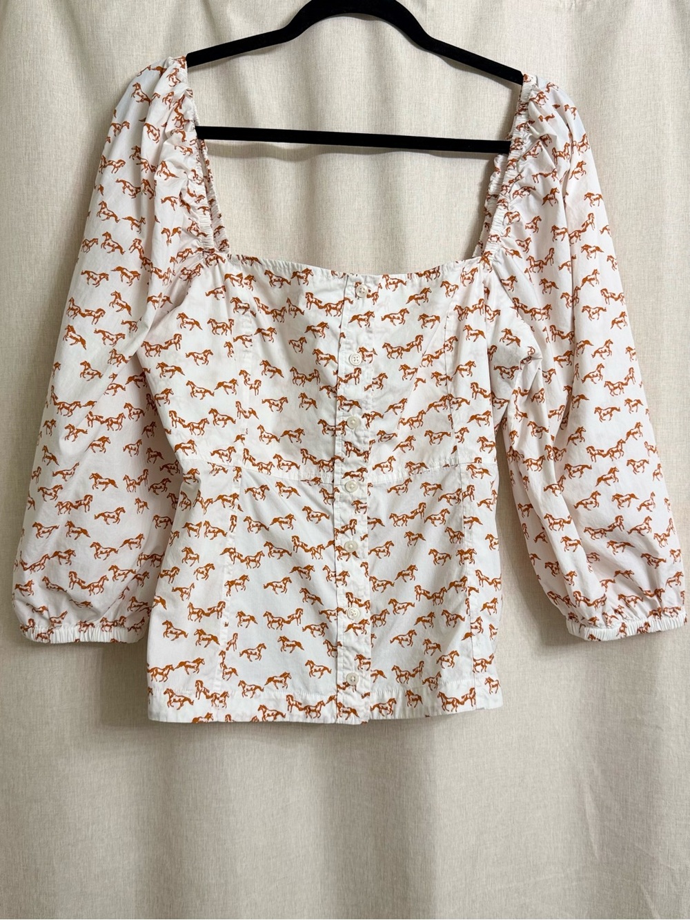 Aritzia Little Moon Luckette Horse Square Neck Puff Sleeve Button Top CottonSz L
